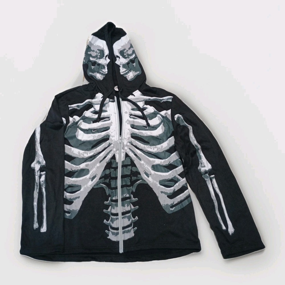 2015 Amscan Skeleton Hoodie Medium Black Full Zip Fleece Sweatshirt Graphic
